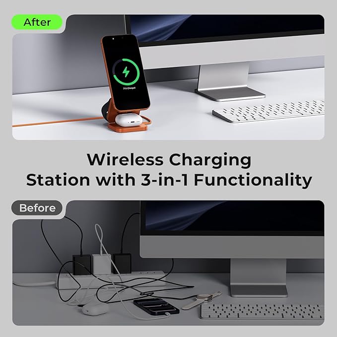 KU XIU QI 2.2 25W 3-in-1 Charging Station for Apple Device, Foldable Magnetic Charger for iPhone 17/16, 5W for Apple Watch & AirPods, Fast Travel Wireless Charging Stand with 45W Adapter