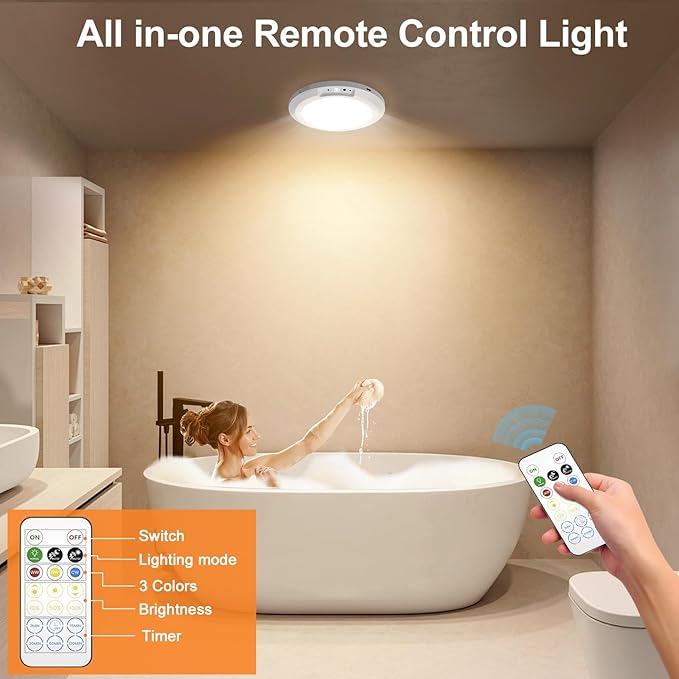 Yunaking Rechargeable Ceiling Light with Motion Sensor: Battery Operated LED Closet Light with Remote & Timing - Wireless Dimmable Magnetic Mount Shower Lamp for Bathroom/Stairs/Garage/Hallway