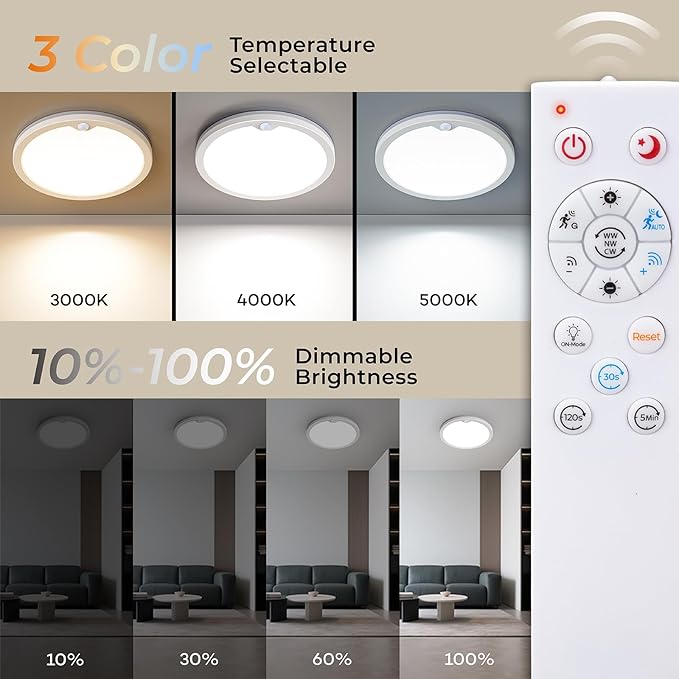 Annaror 2Pack Motion Sensor Ceiling Light with Remote, 8.7 Inch Wired Motion Sensor Light Indoor 3000K/4000K/5000K, 1800LM Dimmable Motion Activated Light for Closet Hallway Stairs White