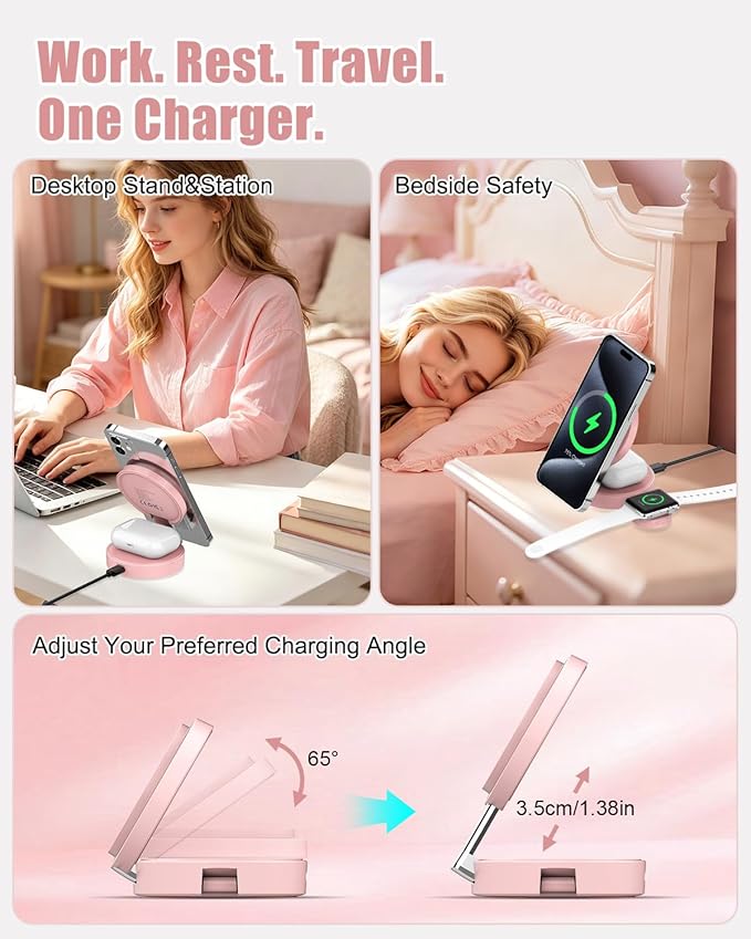 3 in 1 Magnetic Wireless Charging Station for iPhone 17/16/15/14/13/12 Series, Apple Watch and AirPods, MagSafe-Compatible 15W Fast Charging Stand, Foldable Adjustable Travel Charger, Pink