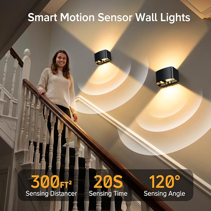 Motion Sensor Wall Light with Remote Control, 5000mAh Rechargeable Wireless Wall Sconce Set of 2, Motion Sensor Night Light Adjustable Brightness & Angle, Up and Down Battery Powered Wall Lamps Indoor