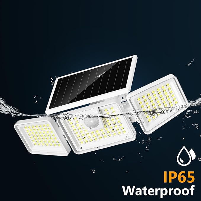 INCX Solar Lights Outdoor with Motion Sensor, 3 Heads Security Lights Solar Powered, 156 LED Flood Light Motion Detected Spotlight for Garage Yard Entryways Patio, IP65 Waterproof, White, 4 Pack.