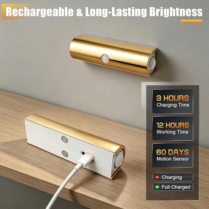 2 Pack Motion Sensor Wall Light, Rechargeable Wall Sconces Battery Operated with 3 Colors & Dimmable, Magnetic Wireless Wall Sconces for Stair Bedroom Hallway Bathroom (Gold)