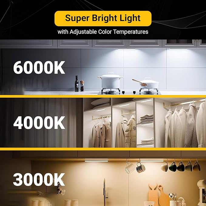 2 Pack Under Cabinet Lights 1500mAh, 40 LED Dimmable Closet Lights with 3 Adjustable Color Temperature, Rechargeable Battery Operated Motion Sensor, Under Cabinet Lighting for Kitchen,Closet (8 Inch)