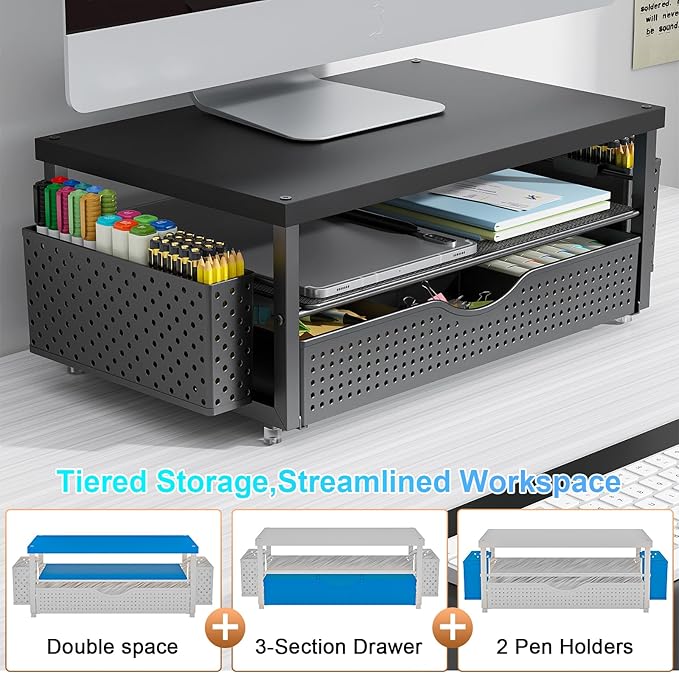 gianotter Monitor Stand Riser, Office Desk Shelf Organizer, Desk Organizer with Drawer and Pen Holder, 2-Tier Computer Stand, Office Organization (Ink)
