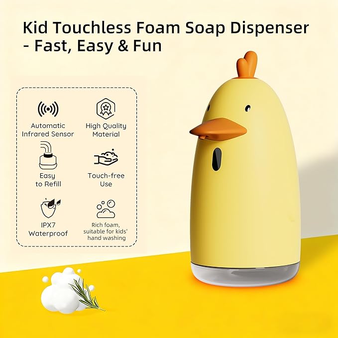 Kids Automatic Touchless Foaming Soap Dispenser, Cute Chick IPX7 Waterproof 350ML Hand Soap Dispenser for Kids Bathroom Home