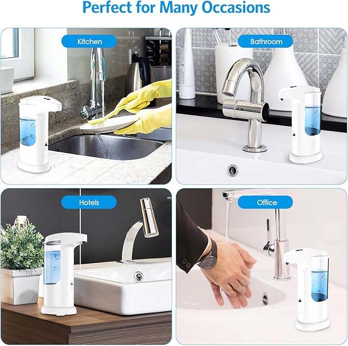 AMIR 12.5oz Touchless Automatic Soap Dispenser, Battery Operated Automatic Liquid Hand Soap Dispenser, Adjustable Volume, Water-Resistant for Kitchen and Bathroom
