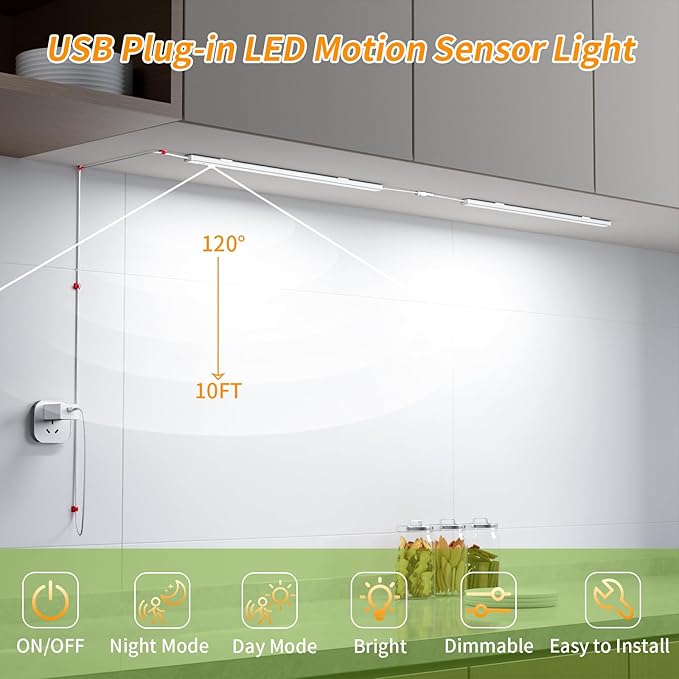14" Slim USB Plug-in LED Motion Sensor Light Indoor, Bright & Dimmable Under Cabinet Light - 3 Modes (ON/Night/Day) for Kitchen, Cabinet, Closet - 6000K Cool White, 1 Pack (2 Linkable)