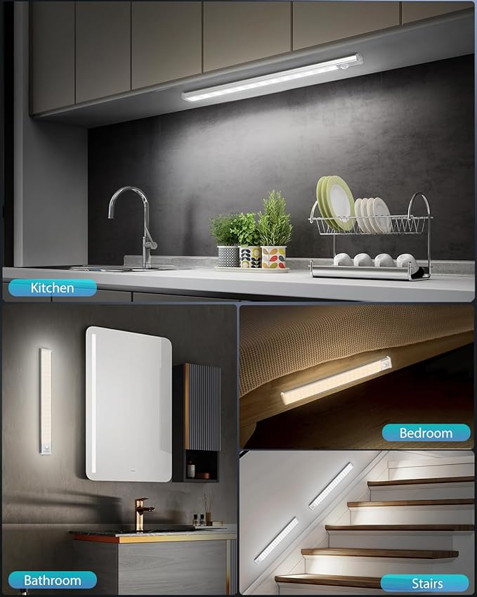 Under Cabinet Lighting with 3 Color Temps - 14.7" Motion Sensor Light Indoor, Magnetic Wireless Closet Lights, Dimmable Led Light, Rechargeable Under Counter Lights for Kitchen, Bedroom, Stair, 2 Pack