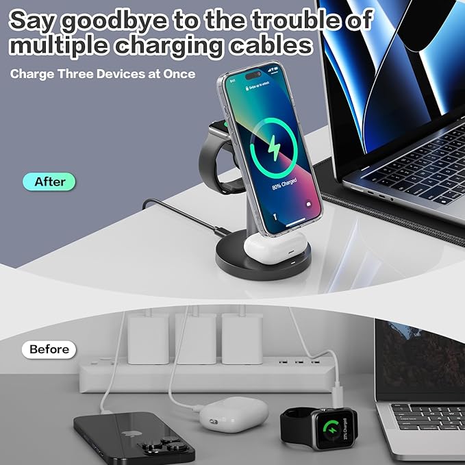 3 in 1 Wireless Charging Station Compatible with MagSafe, 15W Fast Charging Magnetic Mag-Safe Charger Stand for Apple iPhone 17 16 15 14 13 12Series Apple Watch AirPods Pro 4 3 2, Gifts for Men Dad