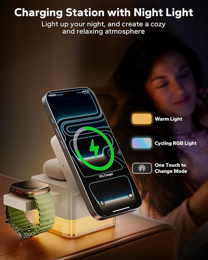 KPON 3 in 1 MagSafe-Compatible Charging Station for Apple, Nightstand Fast Wireless Charger, Foldable Cube, Charging Stand with Night Light, for iPhone 17/16/15/14/13/12, Apple Watch/AirPods, White