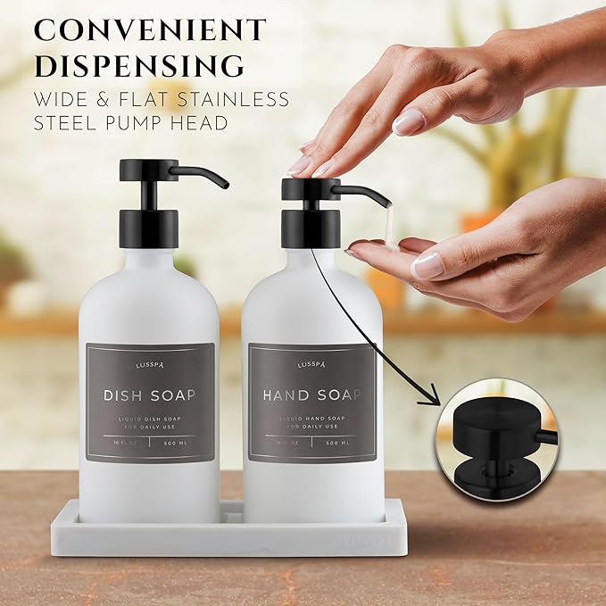 Glass Soap Dispenser Set of 2 (White) with Silicone Tray | Hand and Dish Soap Dispenser for Kitchen and Bathroom | 16.8 Oz Glass Bottles with Stainless Steel Pump & 15 Waterproof Labels (White/Black)