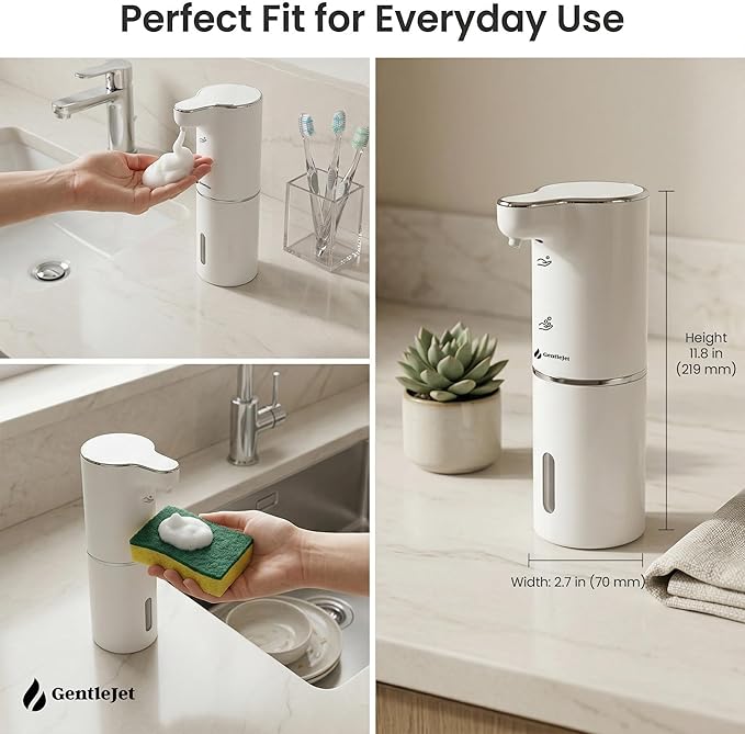 GentleJet JetFoam Automatic Foam Soap Dispenser Touchless Sensor, USB-C Rechargeable, Adjustable Output, IPX5 Waterproof, 300 ml, Bathroom & Kitchen Countertop