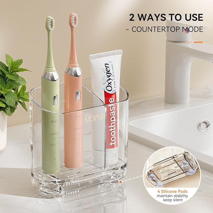 Toothbrush Holders with Drainage for Bathroom Countertop Organizer, 2 Slots Electric Toothbrush Holder Wall-Mount with Divider for Easy Clean, Tooth Brush and Toothpaste Holder for Bathroom Kitchen