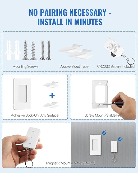 Remote Control Outlet with Two Switches, WILAWELS Wireless Light Switch with Magnetic Base, On Off Remote Outlet Switch, 100ft RF Range, 15A/1875W, Pre-Programmed, FCC Listed W10RC2106