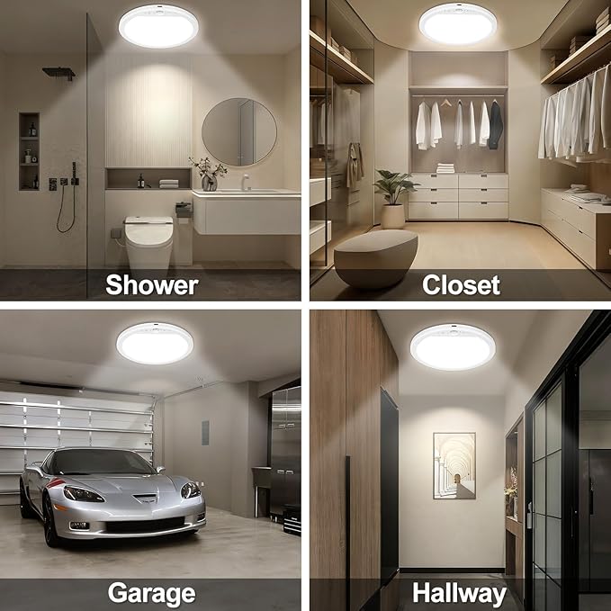 OSIDEN Rechargeable Motion Sensor Ceiling Light with Remote Battery Operated Closet Light Wireless Magnetic Stick-on Night Lights, 3 Color Temperatures & Dimmable for Shower, Shed, Hallway