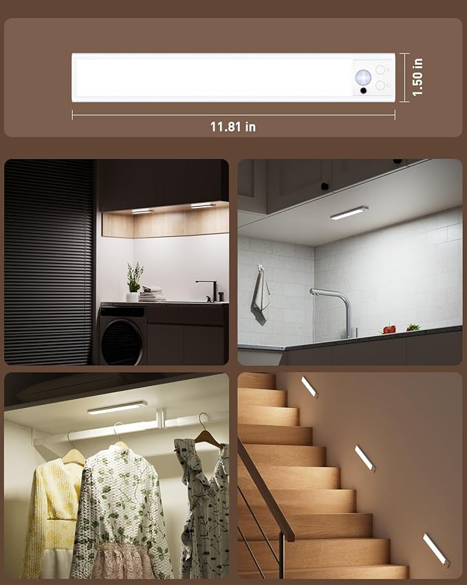 Diomart Under Cabinet Lighting, RGB LED Closet Light Rechargeable, Motion Sensor Light Indoor Stick on Under Counter Lights for Kitchen, Stairs, 4 Pack