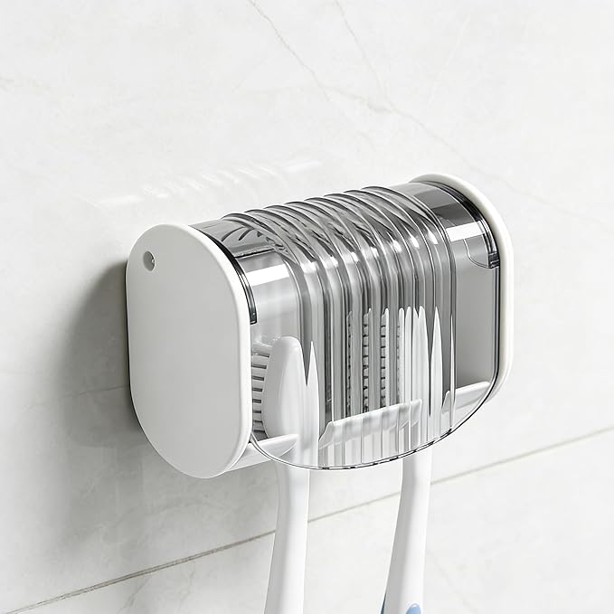 1 Pack Toothbrush Holder Wall Mounted with Cover for Bathroom, 2 Slots Toothbrush Storage Organizer for Shower, Self Adhesive Toothbrush Hanger (Grey)