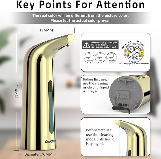 Automatic Soap Dispenser,4 Adjustable Levels Touchless Hand Sanitizer Pump with Infrared Sensor, Countertop Electric Soap Dispenser for Bathroom,Kitchen(TS2012) (GoldGold)