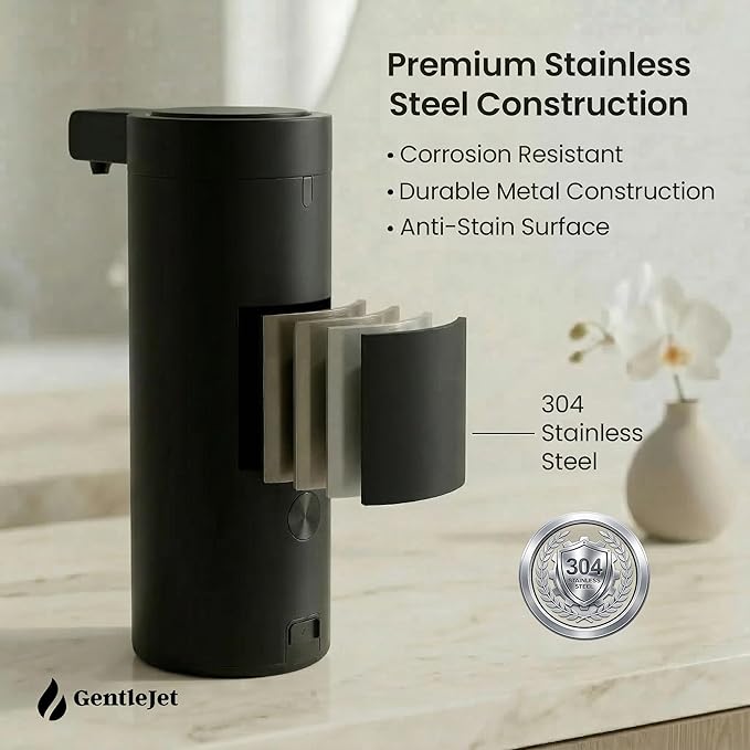 GentleJet SmoothDrop Automatic Liquid Soap Dispenser Touchless, No-Drip Precision Pump, USB-C Rechargeable, 304 Stainless Steel, Waterproof Countertop Dispenser for Kitchen & Bathroom Sink, 270 ml