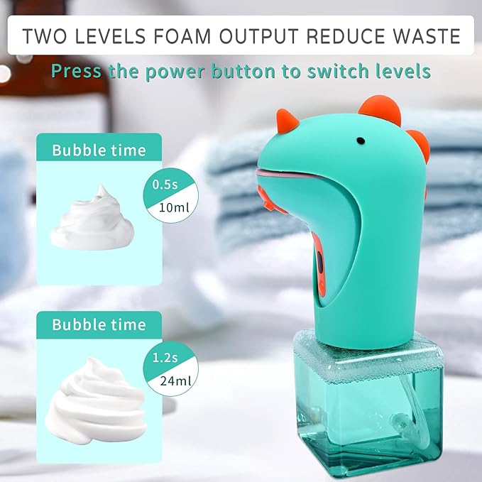 Automatic Soap Dispenser, Cute Touchless Foaming Soap Dispenser, IPX6 Waterproof, 2 Levels Foam Adjustable, Smart Hand Dispenser for Bathroom Kitchen 8.7oz/250ml (Dinosaur)