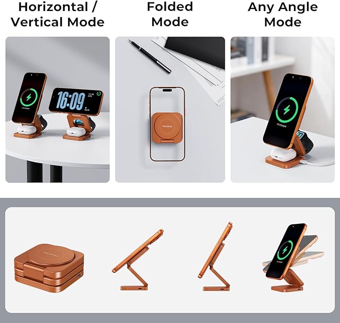 KU XIU QI 2.2 25W 3-in-1 Charging Station for Apple Device, Foldable Magnetic Charger for iPhone 17/16, 5W for Apple Watch & AirPods, Fast Travel Wireless Charging Stand with 45W Adapter
