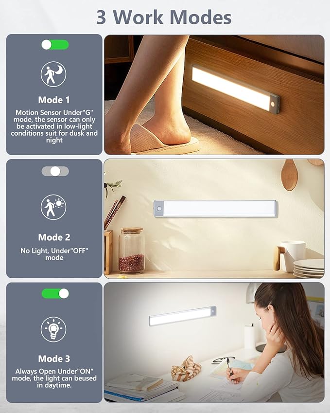 PRIORARE Motion Sensor Under Cabinet Lighting 3 Color Temperatures, 60-LED Wireless Closet Light, USB-C Rechargeable Battery Powered Operated Lights, Magnetic Activated Cupboard Night Light 2 Pack