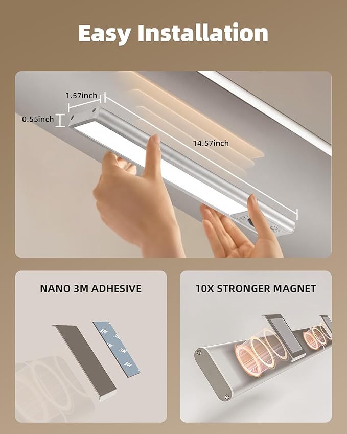 EZVALO 2 Pack Under Cabinet Lights, 14.5'' Magnetic Motion Sensor Light, 4000mAh Large Capacity Rechargeable Closet Light, Remote Control Dimmable 5700K Cool White for Kitchen, Stairs, Hallway