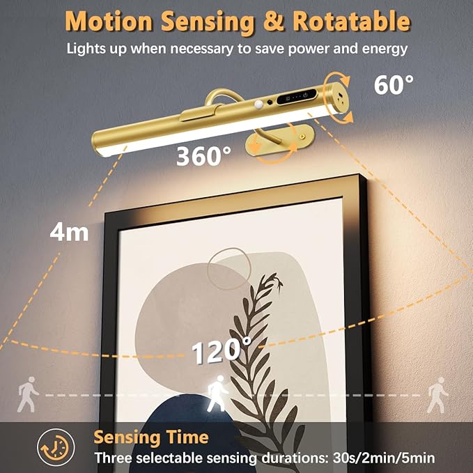 Hapfish Motion Sensor Battery Operated Wall Sconce, Wireless Picture Lights for Wall, Rechargeable Magnetic Art Lighting with Remote Control, Battery Picture Light for Poster Dartboard Mirror – Gold