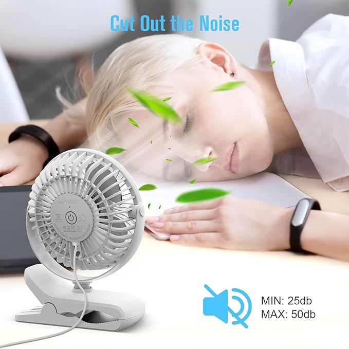 HONYIN 720° Rotation Small Desk & Clip on Fan with Sturdy Clamp, 3 Speeds, Quiet Little Personal Cooling Fan by USB Plug In, for Bedroom Office Desktop Treadmill