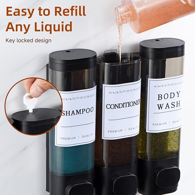 Shampoo and Conditioner Dispenser,Shower Soap Dispenser 3 Chamber No Drill Wall-Mounted Shampoo Dispenser for Shower Wall Mounted Shower Dispenser for Bathroom Hotel Large Capacity,Black