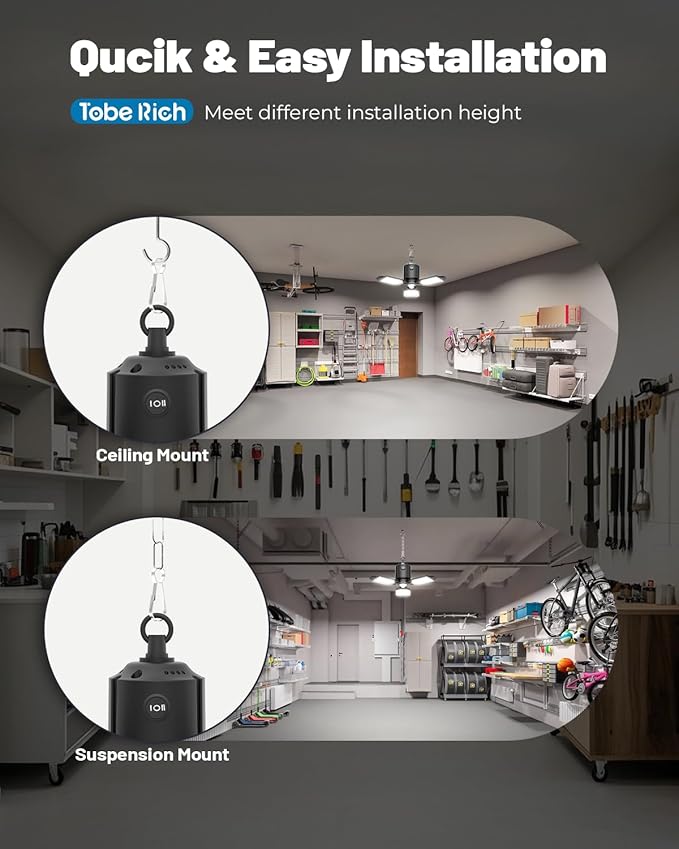 toberich Motion Sensor Garage Light Plug in, 8000LM Shop Light w/ 3 Modes, 3 Deformable LED Panels, 6500K Indoor Motion Sensor Light Bulb for Garage, Utility Room, Basement (1 Pack)