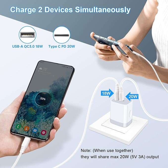 USB C Power Adapter,3Pack 20W 2 Port PD&QC 3.0 Type C Fast Charging Block Wall Charger Compatible for iPhone 17 16e 16 15 14 13 12 11 Pro Max,SE,iPad,8 7 Plus,Samsung Galaxy S21 S20 S10 Plus,Pixel 9 8