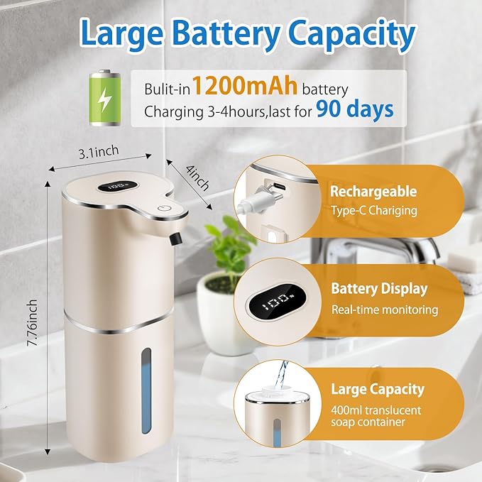 Automatic Foaming Soap Dispenser with Digital Display, 6-Level Foam Adjustable, Rechargeable, 12.8oz/ 380ml Wall Mounted Touchless Hands Free Auto Dispenser for Kitchen, Bathroom, Hotel, Restaurant