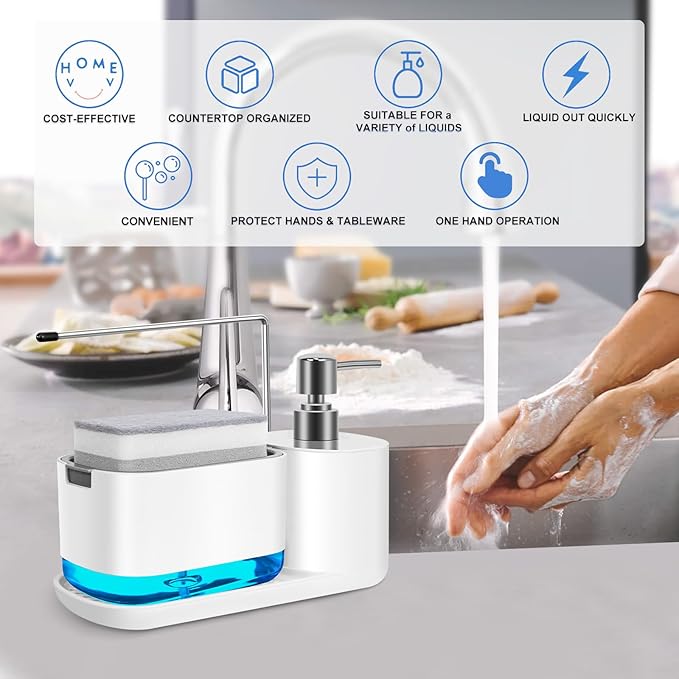 Dish Soap Dispenser Set 4-in-1 Soap Dispenser for Kitchen Sink with Detachable Sponge Included Dish Liquid Dispenser, Bathroom Soap Dispenser, White