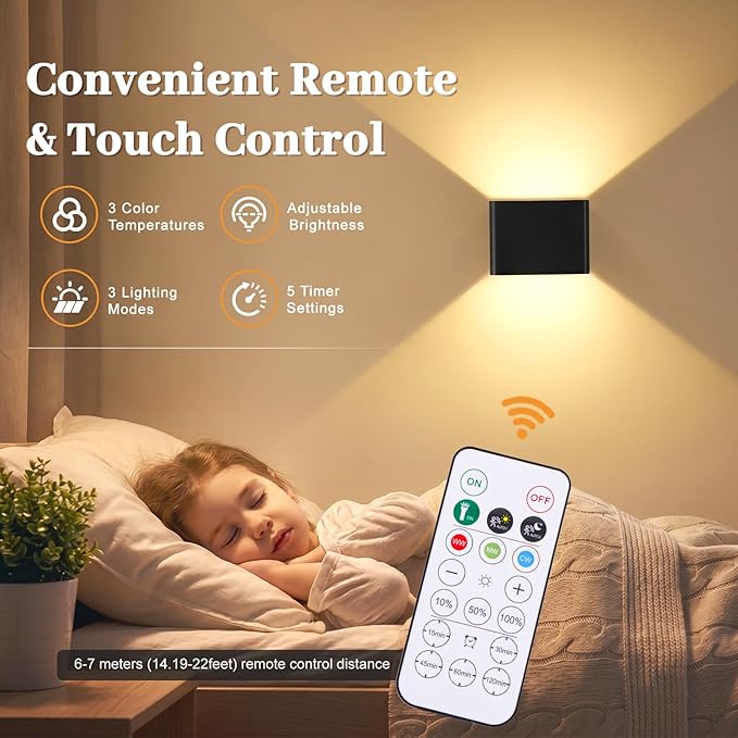 Yochoice 4-Pack Motion Sensor Wall Lights with Remote, 6000mAh Rechargeable Wall Sconce with 3 Color Temperatures & Touch Control, Dimmable LED Battery Powered Peel and Stick Sconces Indoor, Black