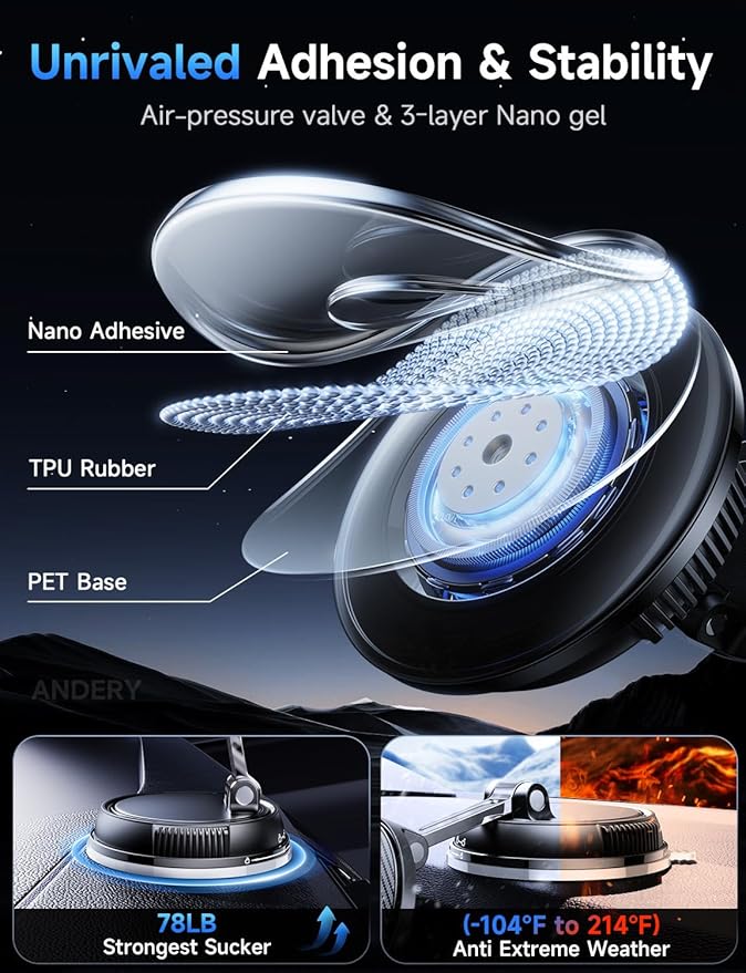 ANDERY Only for iPhone Magsafe Car Mount Charger [15W Fast Wireless Charging, 78+LBS Strong Suction 2400gf Strong Magnetic] 360° Adjustable Car Phone Holder, Phone Holders for Your Car for pats & mats