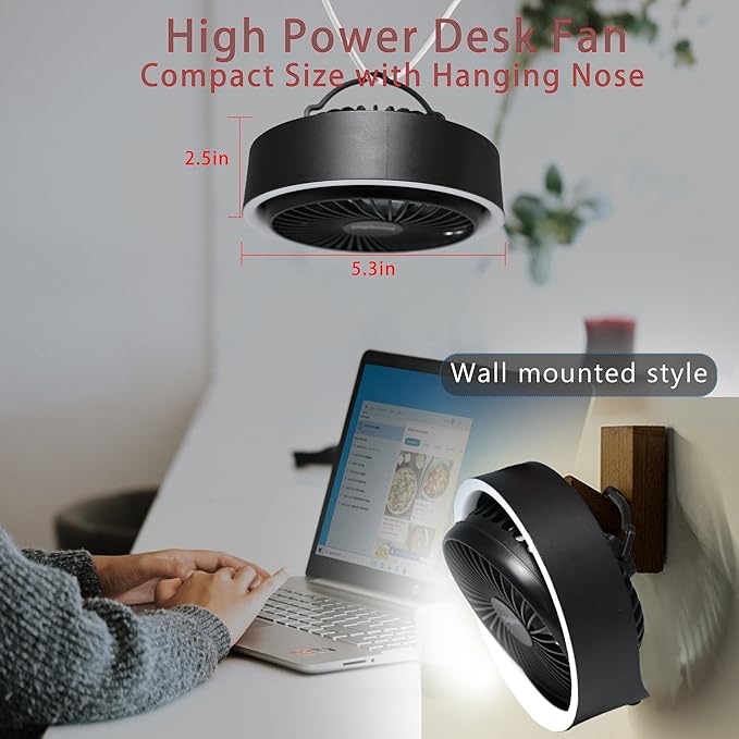 Digibond Small Fan, High Power Silent Desk Fan Portable USB Fan 3000mAh Rechargeable Battery Powered, 3 Speed 5.3in with Night Light/Hook,180°Rotated Easy Clean (Black)