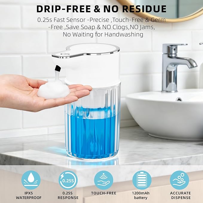 Automatic Foaming Soap Dispenser Touchless, Rechargeable Soap Dispenser,12oz/350ml Smart Hand Soap Dispensers,4-Level Adjustable,Wall Mount IPX5 Waterproof - Level Display for Bathroom Kitchen