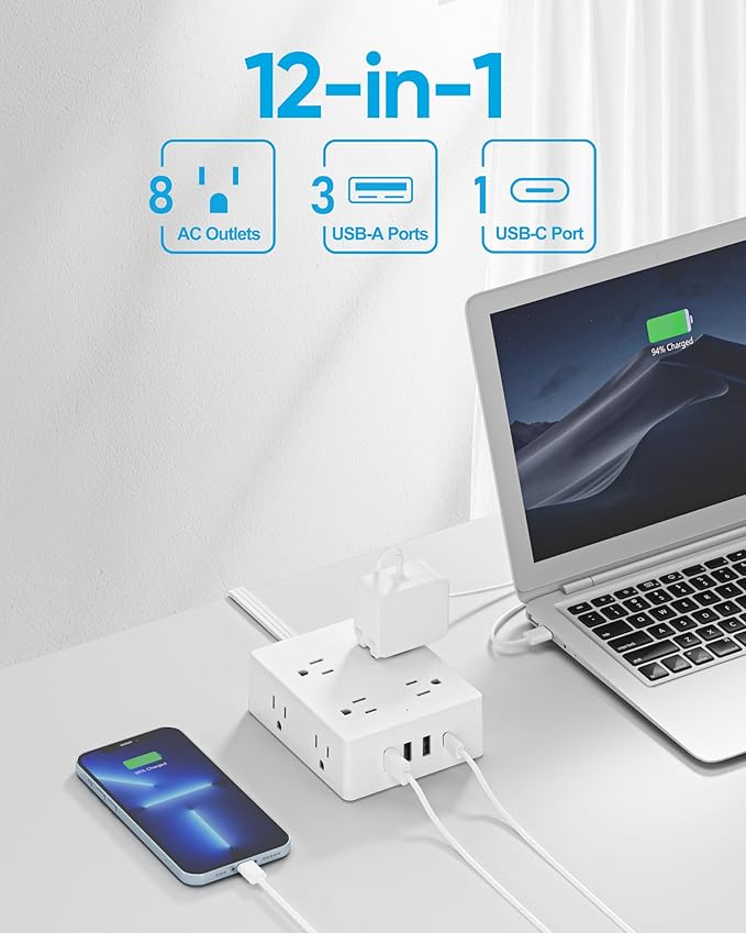 Olcorife Flat Plug Power Strip with 10 FT Extension Cord, 8 Outlets 4 USB Ports(1 USB C), 3 Sided Outlet Extender for Home Office Travel Dorm Room Essentials, White