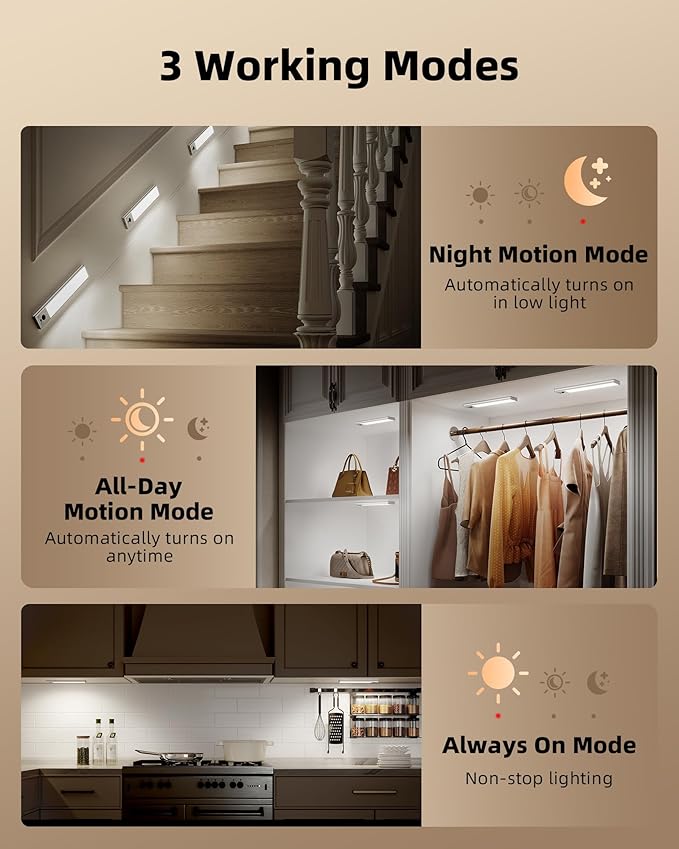 EZVALO 5-Pack Under Cabinet Lighting, 2400mAh Rechargeable Motion Sensor Light, 10inch Magnetic Closet Lights with Dimmable & 3 Color Temps, Wireless Motion Activated Lights with Remote for Kitchen