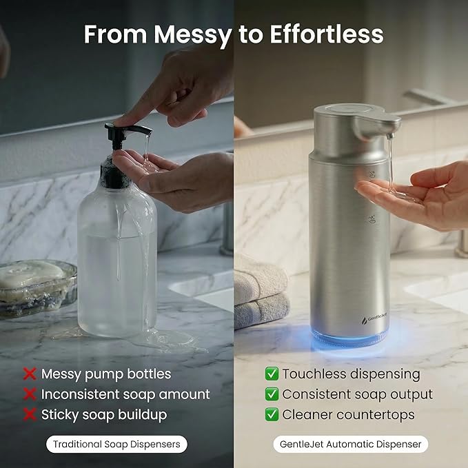 GentleJet CrystalJet Automatic Liquid Soap Dispenser Touchless Sensor, Stainless Steel, USB-C Rechargeable, Waterproof Kitchen & Bathroom Countertop Soap Dispenser, 300 ml