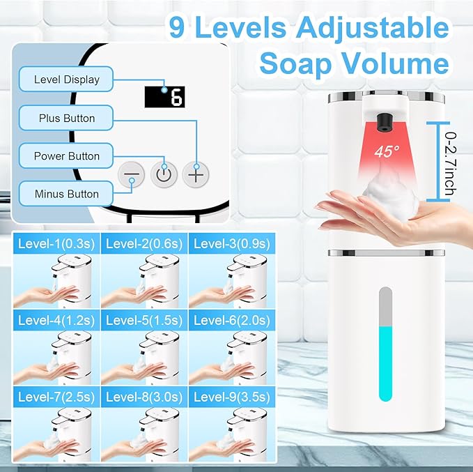 OHIFAST Automatic Foaming Soap Dispenser Touchless, USB Rechargeable Smart Hand Soap Dispenser, 9-Level Adjustable, Physical Button Operation, 13.5oz/400mL Wall Mounted for Bathroom Kitchen Dish Soap