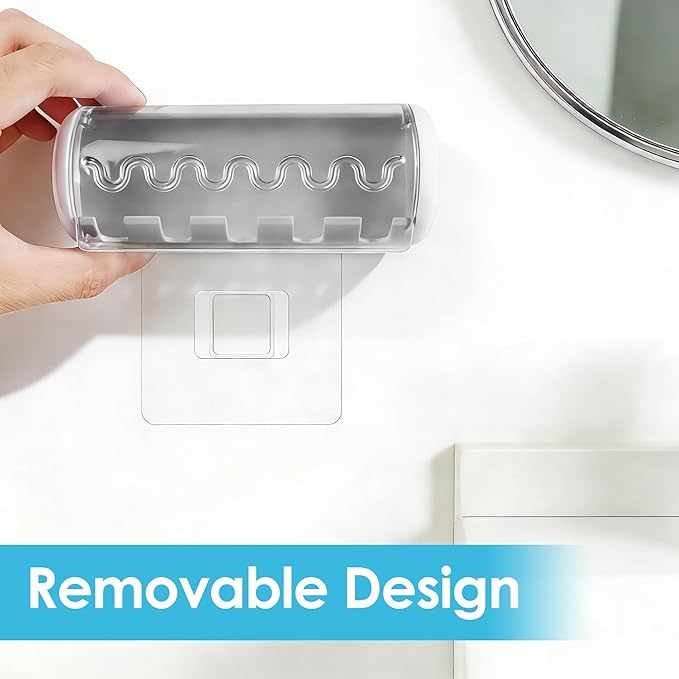 2 PCS Self Adhesive Toothbrush Holder with Cover for Bathroom, 5-Slot Wall Mounted Toothbrush Organizer Rack for Shower, Dorm, Cabinet (Grey)