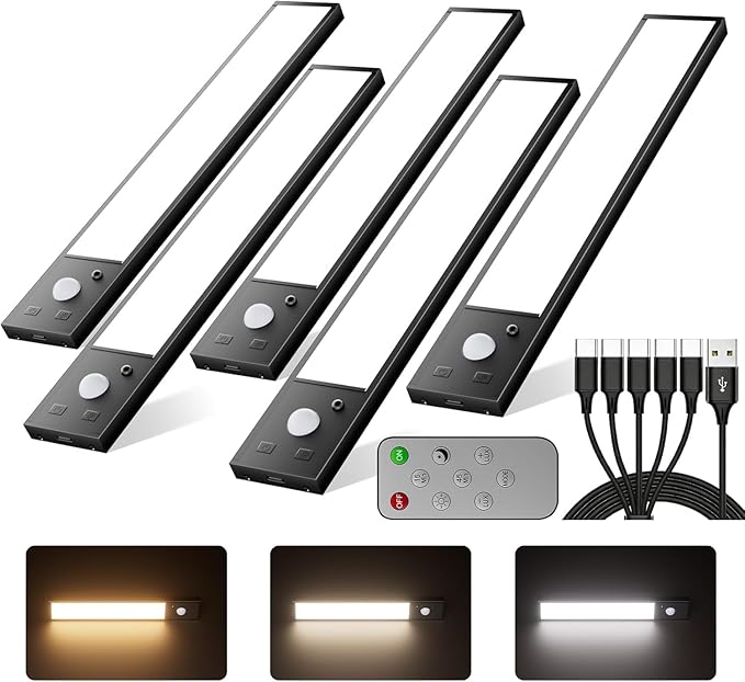 5Pack Under Cabinet Lighting wireless, 3000mAhunder cabinet lights rechargeable, 8inch Magnetic Closet Lights with Dimmable & 3 Color Temps, Cabinet lights with Remote under counter lights for kitchen
