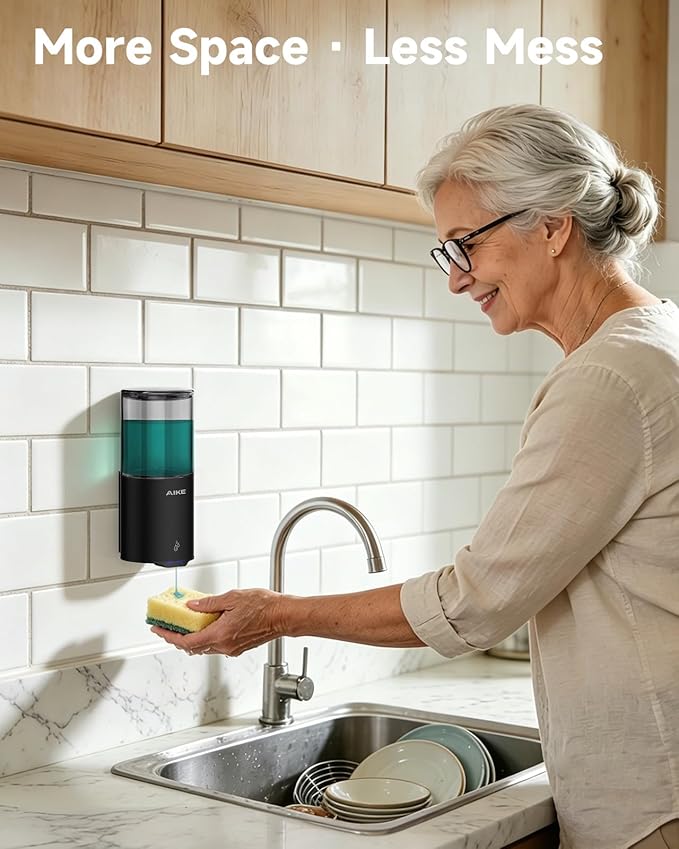 AIKE Automatic Wall Mount Liquid Soap Dispenser for Home and Commercial Bathroom 13.5oz IPX7 Waterproof,Matte Black Stainless Steel