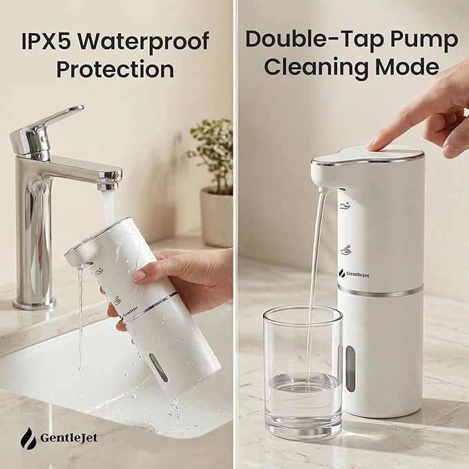 GentleJet JetFoam Automatic Foam Soap Dispenser Touchless Sensor, USB-C Rechargeable, Adjustable Output, IPX5 Waterproof, 300 ml, Bathroom & Kitchen Countertop