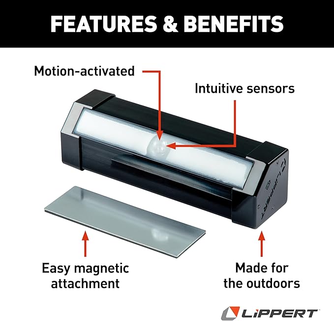 Lippert Wireless Motion-Activated LED RV Step Light with IP65 Rating, High-Strength Magnets for Magnetic Attachment, Adhesive-Backed Metal Plate, AA Batteries Not Included - 2022172335