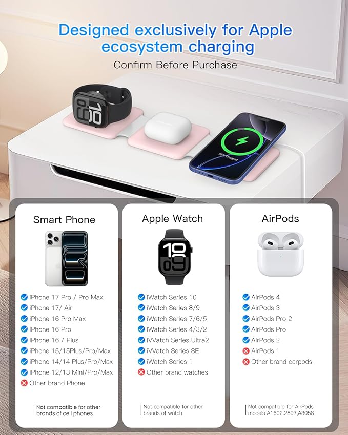 Charging Station for Apple Multiple Devices: 3 in 1 Foldable Magnetic Wireless Charger Stand - Travel Charging Dock Compatible with iPhone 17 16 15 14 13 12 Pro Max Plus Apple Watch AirPods