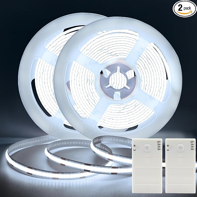 DBFAIRY 2 Pack COB Motion Sensor Strip Light Battery Operated, 6.6Ft 640 LED Cabinet Strip Lights High Bright with Sensor Lighting Mode for Wardrobe Stair Pantry Counter Cabinet Bed,6000K White